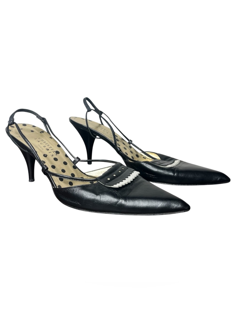 Christian Lacroix Black Leather Pointed Toe Slingback Kitten Heels